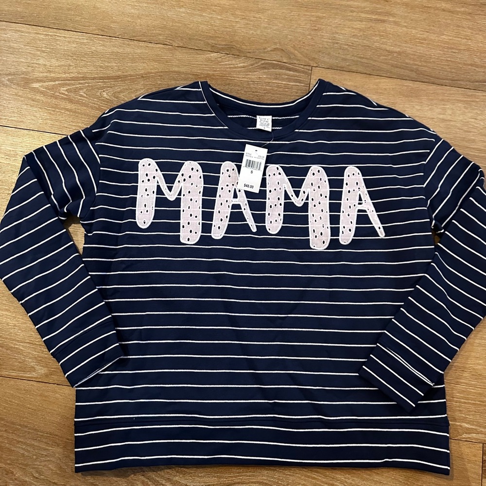 Bare Your Soul Mama Striped Sweatshirt Navy White Eyelet Lace Applique Small NEW